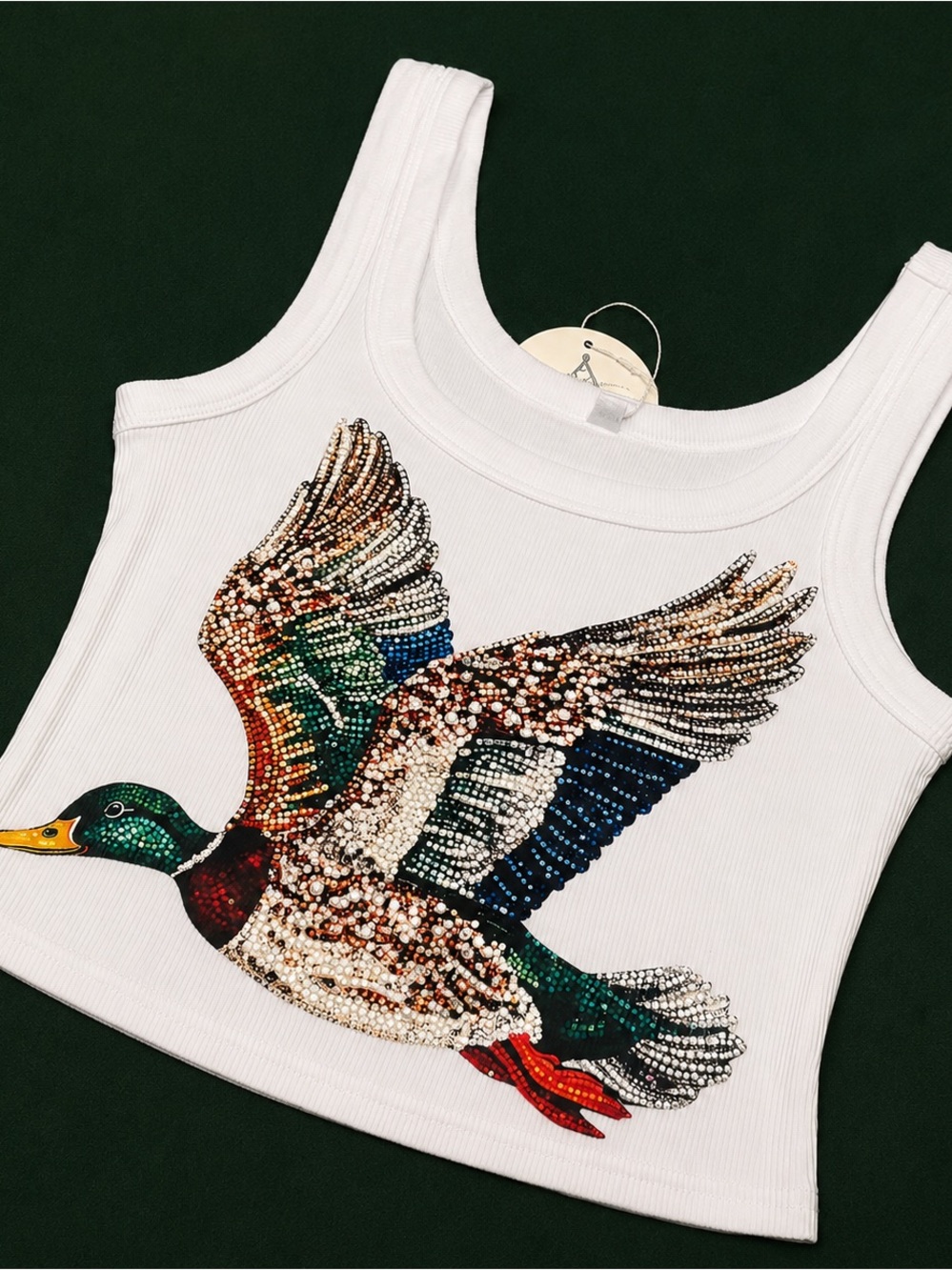 White Women's Ribbed Tank Top with Embellished Mallard Graphic